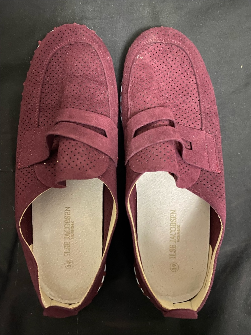 Ilse Jacobsen Wine Suede Perforated Penny Loafers
